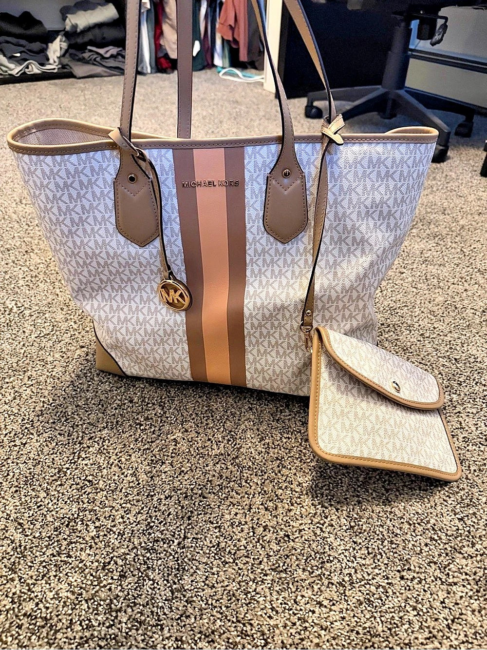 Michael Kors Becca Large Striped Signature Logo Tote Bag
